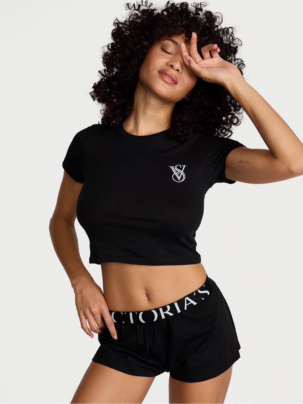 NWT VICTORIA'S SECRET 100% Cotton Short Pajama Set Logo band tee shorts M/L